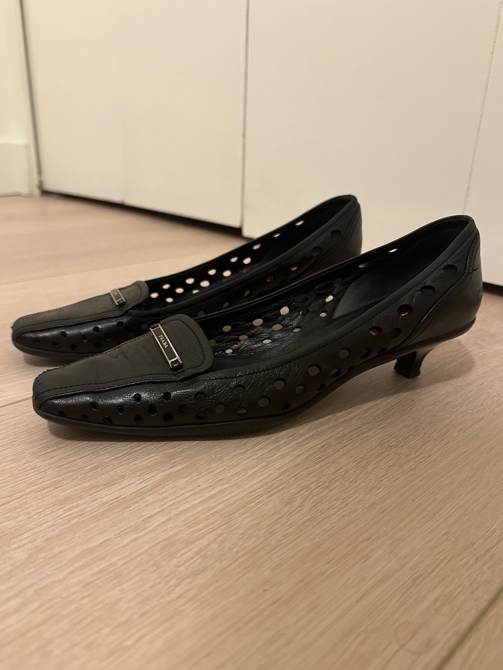 Prada Kitten Heel Perforated Loafers (Black Leather)